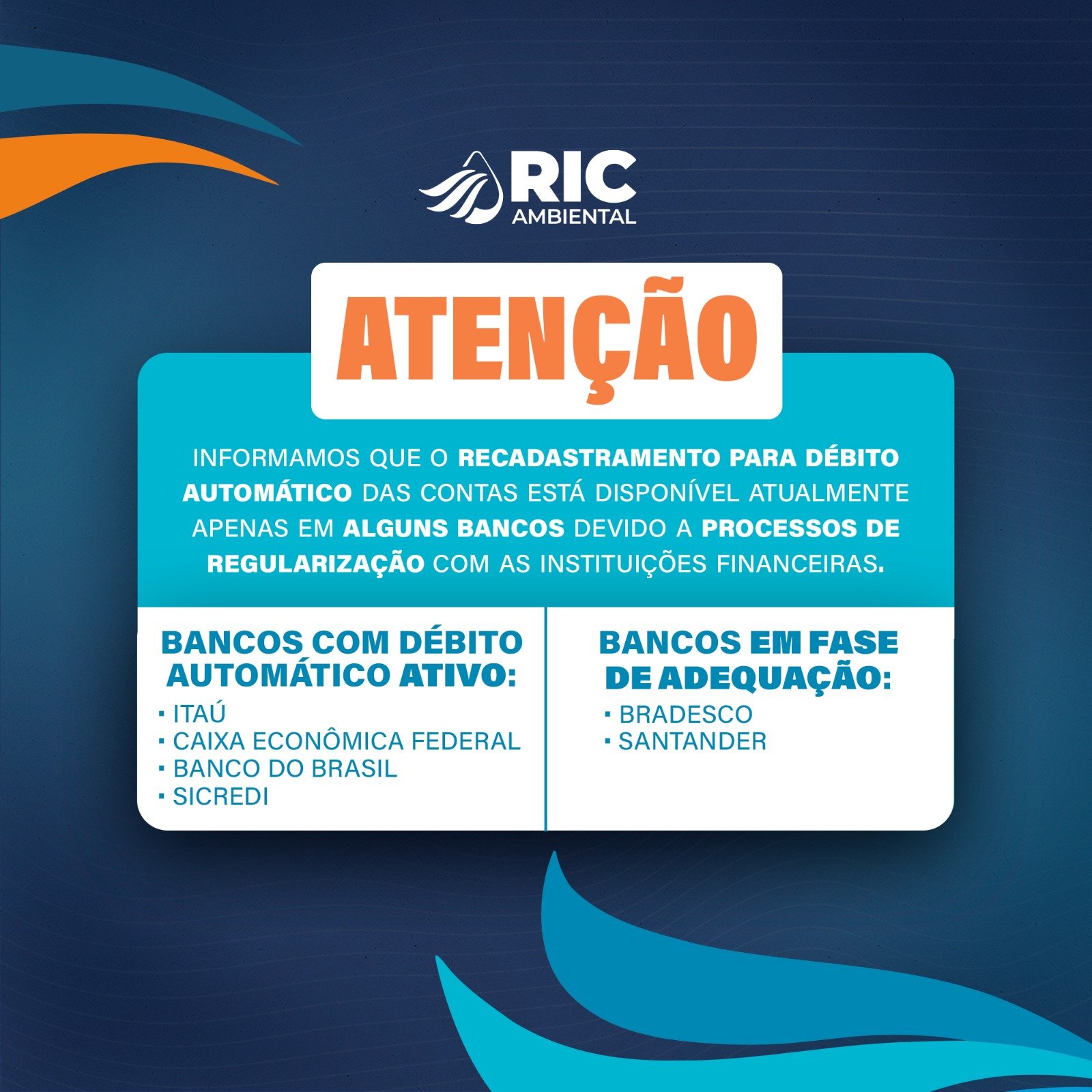 RIC Ambiental esclarece sobre recadastramento de débito automático e solicitação de segunda via da conta